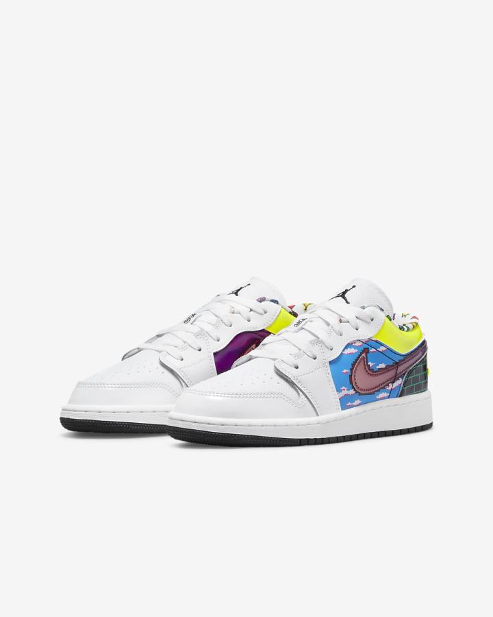 Zapatillas Nike Air Jordan 1 Low Kids Niño Blancas Negras Limón Rosas | VRQIZ-2815