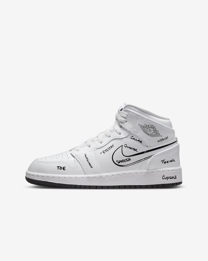 Zapatillas Nike Air Jordan 1 Mid Kids Niño Blancas Negras | TCIEL-5046