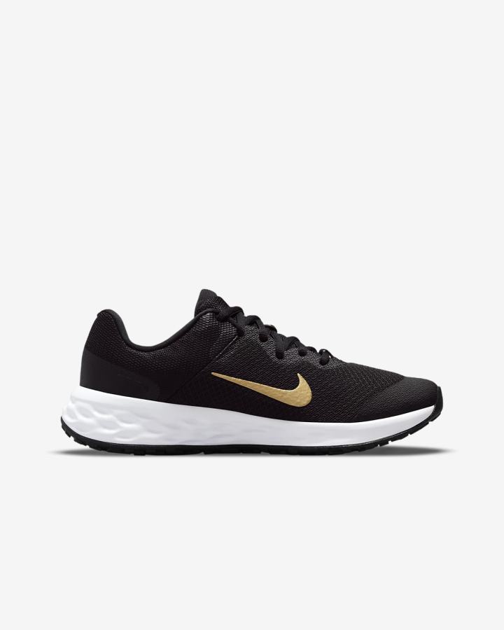 Zapatillas Running Nike Revolution 6 Kids Road Niña Negras Blancas Metal Doradas | XOGBK-1324