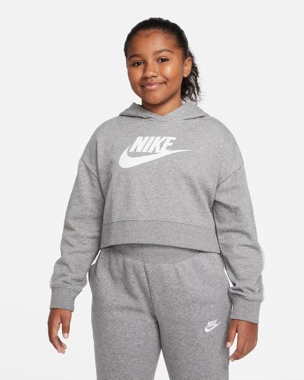 Sudadera Con Capucha Nike Sportswear Club Kids French Terry Cropped (Extended Size) Niña Gris Oscuro Blancas | GNFHJ-0259