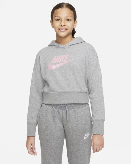Sudadera Con Capucha Nike Sportswear Club Kids French Terry Cropped (Extended Size) Niña Gris Oscuro Rosas | IGTEP-9074