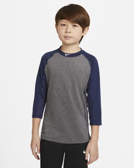 Sudaderas Nike Pro Dri-FIT Kids 3/4-Sleeve Baseball Top Niño Azul Marino Gris Oscuro Blancas | EKOLW-6710