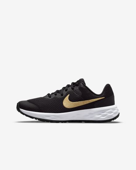 Zapatillas Running Nike Revolution 6 Kids Road Niño Negras Blancas Metal Doradas | AEGHN-1293